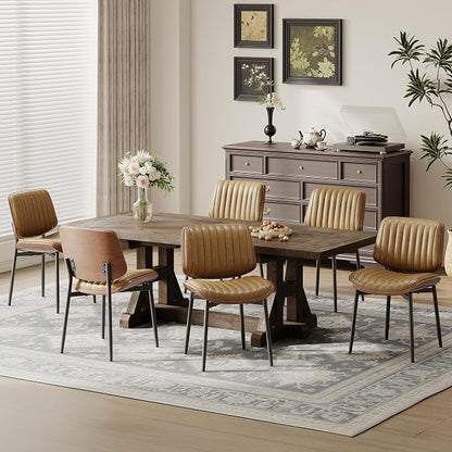 MALOL Leather Dining Chairs Set of 6, Modern Upholstered Dining Room Kitchen Chairs with Metal Legs and Wooden Back Support for Home Dining Room/Restaurant, Light Brown