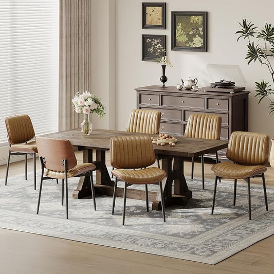 MALOL Leather Dining Chairs Set of 6, Modern Upholstered Dining Room Kitchen Chairs with Metal Legs and Wooden Back Support for Home Dining Room/Restaurant, Light Brown