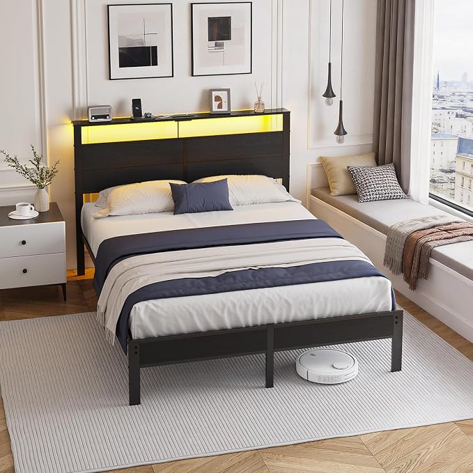 Queen Size Bed Frame with LED Lights, USB Type C Charging Headboard, Black Metal Platform Bed with Storage Shelf, Noise Free Design, No Box Spring Needed
