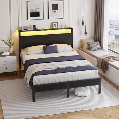 Queen Size Bed Frame with LED Lights, USB Type C Charging Headboard, Black Metal Platform Bed with Storage Shelf, Noise Free Design, No Box Spring Needed