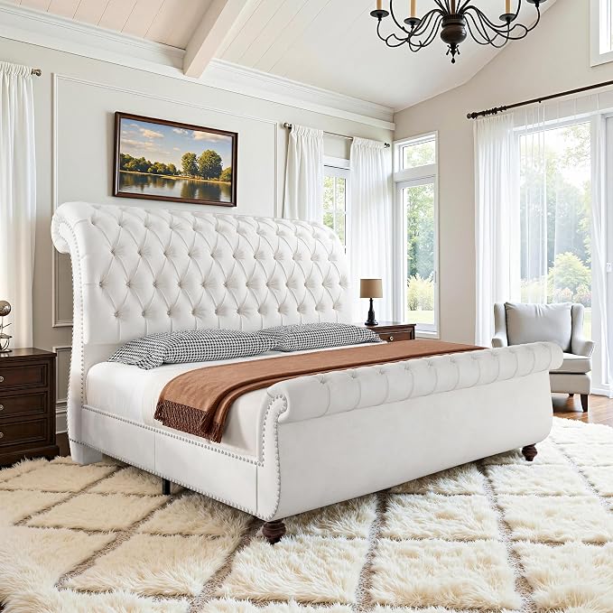 AMERLIFE 55" Tall Sleigh Bed Frame with Scroll Headboard & Footboard, Velvet Upholstered Platform Bed with Deep Button Tufted, Solid Wood Legs, No Box Spring Needed, White, California King