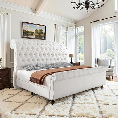 AMERLIFE 55" Tall Sleigh Bed Frame with Scroll Headboard & Footboard, Velvet Upholstered Platform Bed with Deep Button Tufted, Solid Wood Legs, No Box Spring Needed, White, California King