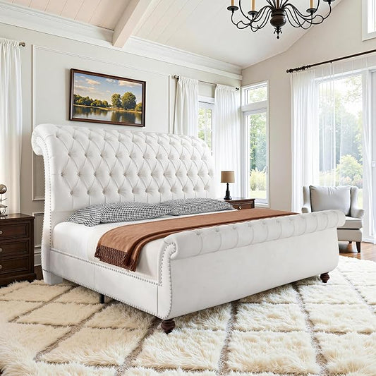 AMERLIFE 55" Tall Sleigh Bed Frame with Scroll Headboard & Footboard, Velvet Upholstered Platform Bed with Deep Button Tufted, Solid Wood Legs, No Box Spring Needed, White, California King