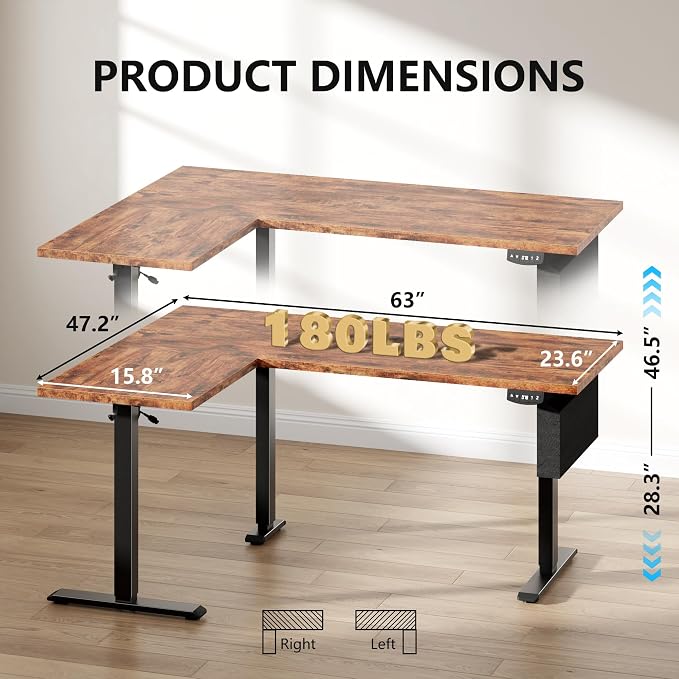 Korfile 63” L Shaped Electric Standing Desk, Height Adjustable Computer Desk with LED Screen & Memory Presets, Ergonomic Sit to Stand Desk with Headphone Hook for Home, Office and Workstation, Brown