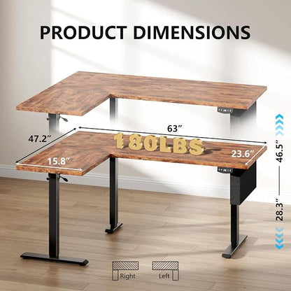 Korfile 63” L Shaped Electric Standing Desk, Height Adjustable Computer Desk with LED Screen & Memory Presets, Ergonomic Sit to Stand Desk with Headphone Hook for Home, Office and Workstation, Brown