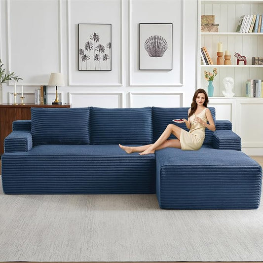 96.1" Modular Sectional Sofa Couches L-Shape Couch 3 Seat Modular Sofa Corduroy Memory Foam Sectional Boneless Couches for Living Room, Cloud Couch with Oversized Chaise(Blue, Right Facing)