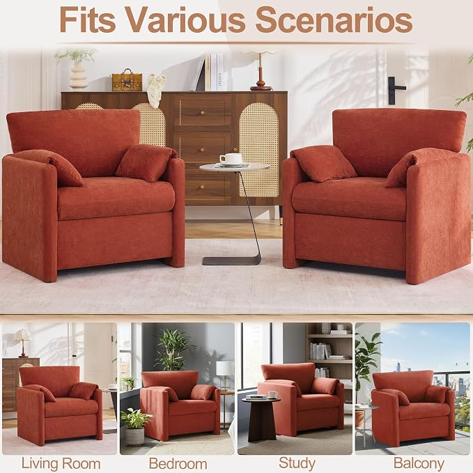 Oversized Accent Chair for Living Room, 32.68" Large Modern Armchair with Deep Seat, Mid-Century Comfy Reading Chair with Padded Arms, Chenille Single Sofa Chairs for Bedroom, Orange