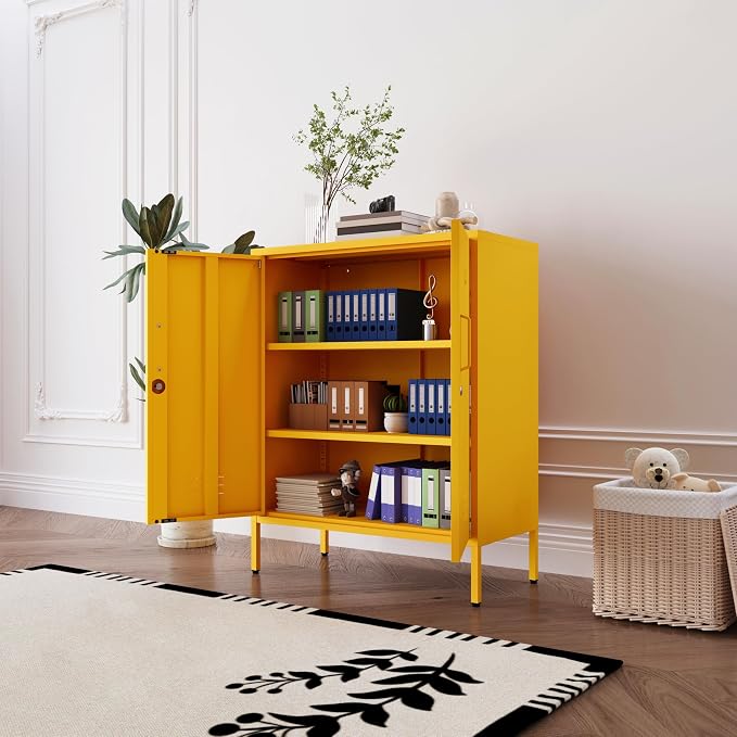 Yellow 3 Tier Metal Storage Cabinet with Legs, Lockable 2 Door Metal Locker, Heavy Duty Multipurpose Accent Storage Cabinet with 2 Adjustable Shelves for Home, Office, Entryway and Hallway