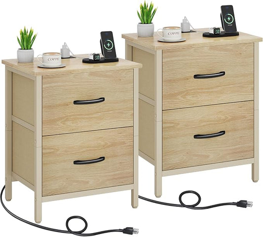 Vagusicc Nightstand Set of 2 with Charging Station, End Table Bedside Table with Power Outlet & USB Ports, Side Table with 2 Fabric Drawers for Bedroom, Living Room, Natural