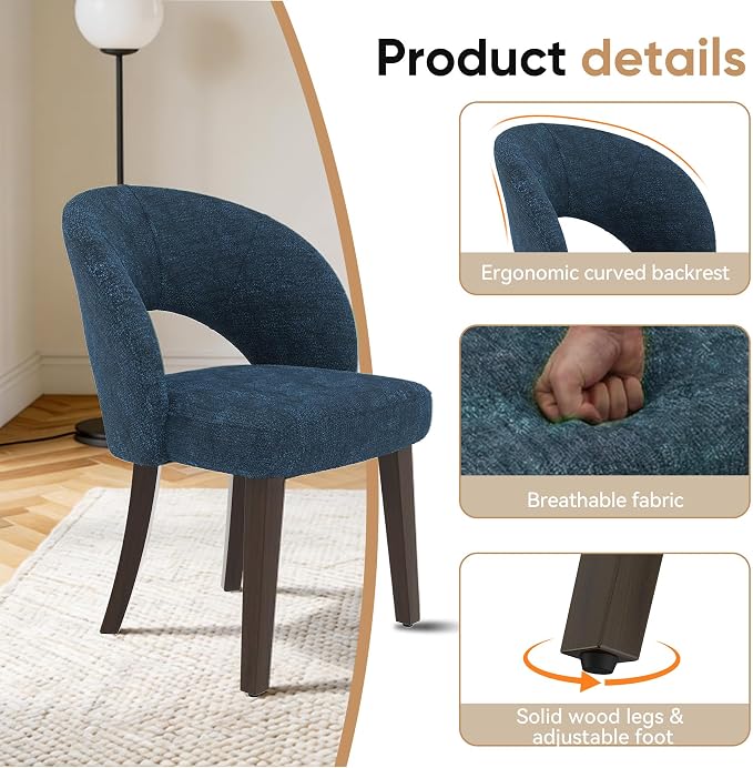 Dining Chairs Set of 4, Mid Century Modern Dining Chairs with Solid Wood Legs, Curved Back Kitchen Chair Farmhouse Side Upholstered Chairs for Kitchen Dining Room, Blue