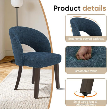Dining Chairs Set of 4, Mid Century Modern Dining Chairs with Solid Wood Legs, Curved Back Kitchen Chair Farmhouse Side Upholstered Chairs for Kitchen Dining Room, Blue