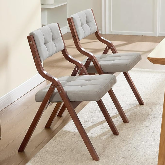 Folding Chairs with Cushion Set of 4,Padded Foldable Dining Chairs,Portable Wooden Folding Dining Chairs for Dining Room Kitchen Wedding Party Indoor Linen Walnut Lightgrey