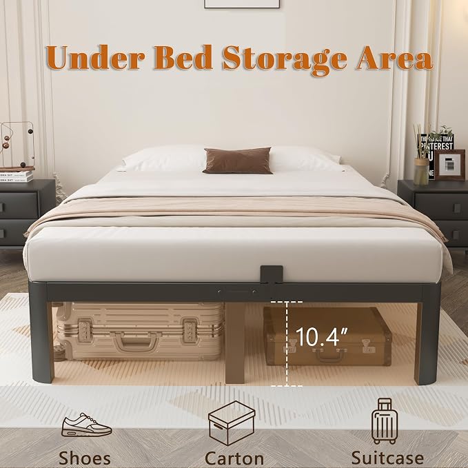 12 Inch King Size Bed Frame with Metal Gaskets, Black Bed Frame King Platform No Box Spring Needed, Heavy Duty Steel Support, Round Corner Design, Reserved Holes, Storage Space, Noiseless