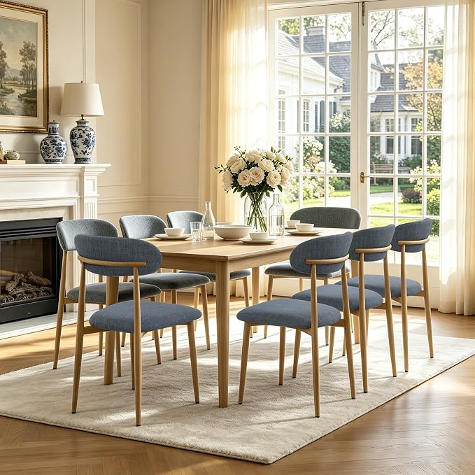 FREKEN Modern Upholstered Dining Chairs Set of 8, Mid-Century Metal Frame with Wood Grain, Linen Fabric Side Chair for Kitchen Dining Room, 350lbs Capacity, Grey