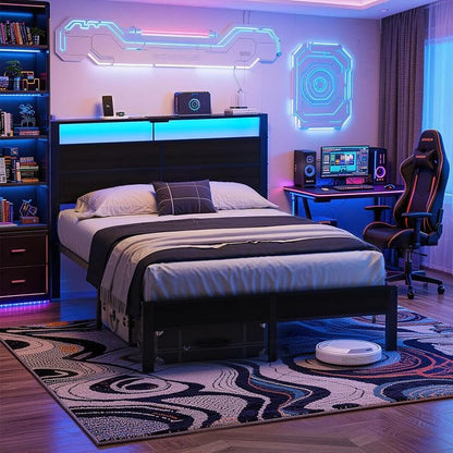 Full Size Metal Bed Frame with Storage Headboard, LED Lights and USB Charging Ports, Noise Free Platform Bed with Sturdy Slats, No Box Spring Needed, Easy Assembly