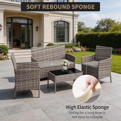 Outdoor Patio Furniture Set, 4-Piece PE Rattan Wicker Chair Set with Cushions and Tempered Glass Table for Backyard, Porch, Garden, Poolside, Balcony, Brown/Beige