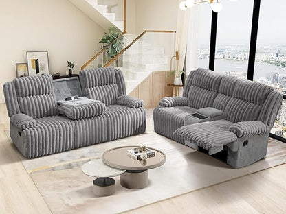 Oversized Reclining Sofa Set with Hidden Cup Holders & Wireless Charger, Manual Double Recliner Sofa, Wall Hugger Recliner Couch with USB Ports for Living Room (Gray, Loveseat+Sofa)
