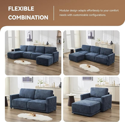 110.6" L Shaped Sectional Sofa, Modular Cloud Deep Seat Couch with Movable Ottoman, Oversized Thicked 4-Seats Sofas for Living Room, Chenille Blue