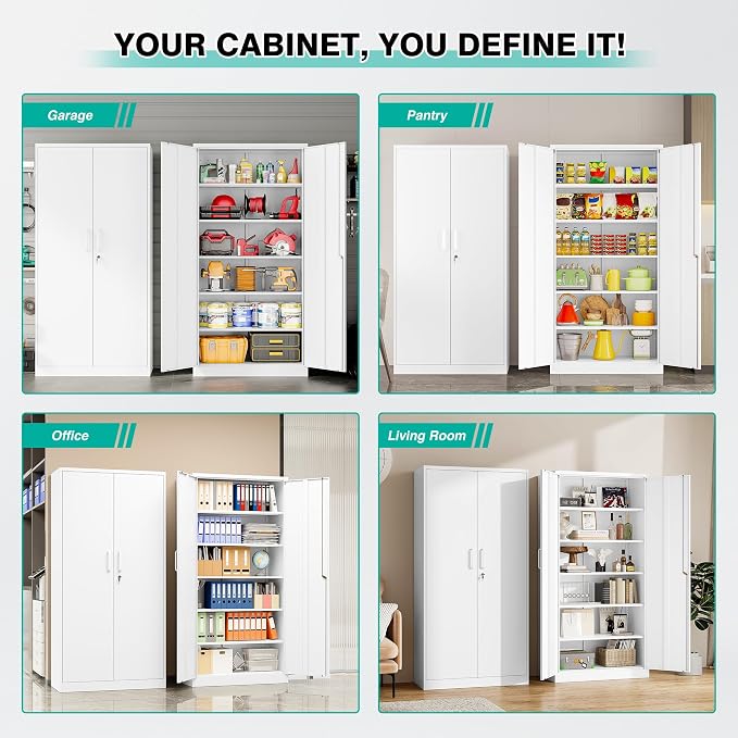 Wide & Deep Metal Storage Cabinet with 2 Doors and 5 Adjustable Shelves,White Locking Metal Cabinet,Large Garage Storage Cabinets,Lockable Tall Pantry Cabinets for Home,Office,Garage,Shop 72x36x18