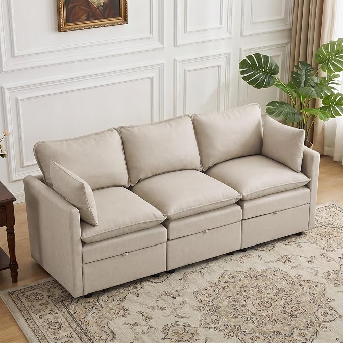 80" Beige Faux Leather Storage 3 Seater Sofa, Modular Sectional Cloud Sofa | Modern Deep Seat Cloud Upholstered Sofa with Armrest, Convertible 3 Seater Comfy Sofa for Living Room, Bedroom, Small spaces