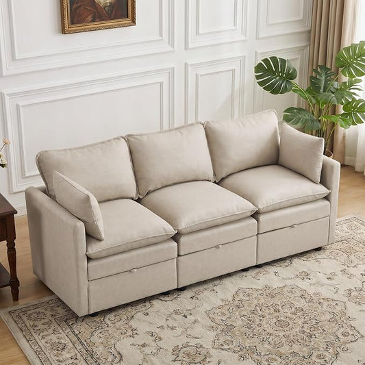 80" Beige Faux Leather Storage 3 Seater Sofa, Modular Sectional Cloud Sofa | Modern Deep Seat Cloud Upholstered Sofa with Armrest, Convertible 3 Seater Comfy Sofa for Living Room, Bedroom, Small spaces