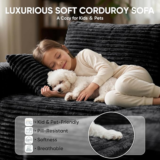 Boneless Couch, 127" Sofas for Living Room, U Shaped Couch with Chaise | Sectional Sofa, Cloud Couch Sectional with Cup Holders and Storage, Cloud Sofa with Deep Seat, Black, Corduroy, No Assembly