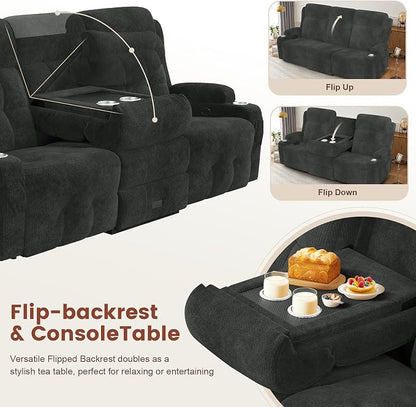 Loveseat Recliner, 3 Seater Massage Reclining Sofa Sets Fabric Recliner Sofa, RV Loveseat Couch Clearance with Drop Down Table, Storage, Cup Holders, Wall Hugger Reclining Couch for Living Room