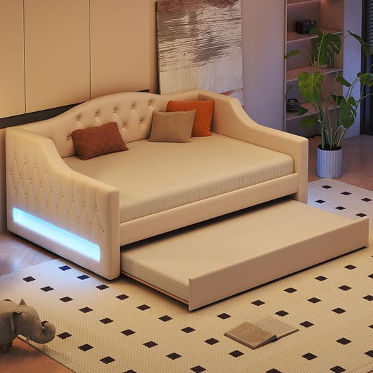 Merax Modern Upholstered Platform Bed Frame with Trundle Bed, Linen Sofa Day Bed with Headboard, No Box Spring Needed/Easy Assemble/Full XL,Beige