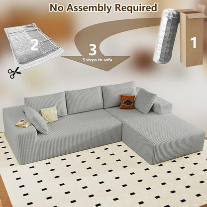 96" Modular Sectional Couch, Boneless L Shaped Cloud Sofa with Chaise Lounge, Corduroy Upholstered Couches Memory Foam Deep Seat, No Assembly Required, Ideal for Living Room(Light Gray, Right Facing)