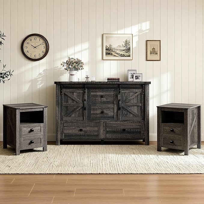 AMERLIFE 3-Piece Farmhouse Furniture Set with Sideboard Cabinet and 2 Nightstands, Sliding Barn Door Wood Storage Cabinet Set for Bedroom, Black Oak