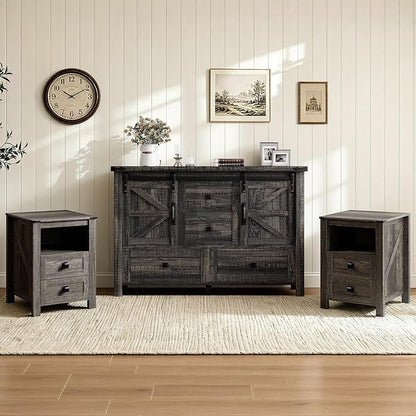 AMERLIFE 3-Piece Farmhouse Furniture Set with Sideboard Cabinet and 2 Nightstands, Sliding Barn Door Wood Storage Cabinet Set for Bedroom, Black Oak