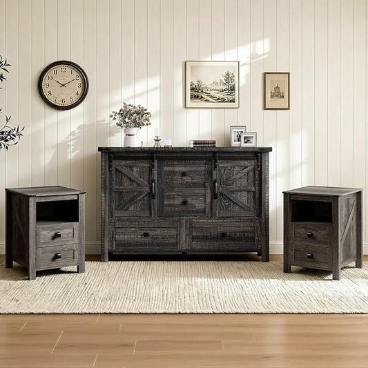 AMERLIFE 3-Piece Farmhouse Furniture Set with Sideboard Cabinet and 2 Nightstands, Sliding Barn Door Wood Storage Cabinet Set for Bedroom, Black Oak