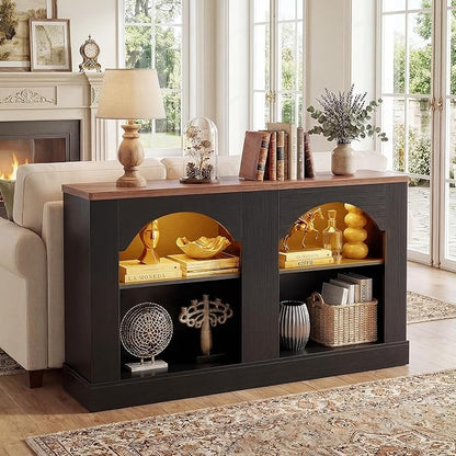 Unikito Arched Entryway Table with LED Lights, 47" Farmhouse Console Table with Adjustable Shelves, Sofa Table Behind Couch, Sideboard Buffet Storage Cabinet for Entrance/Hallway/Living Room