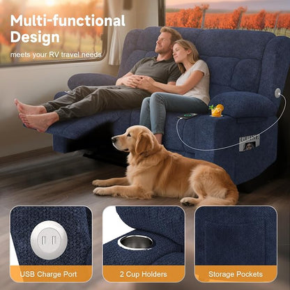 RV Loveseat Recliner Sofa, Wall Hugger Reclining Loveseat RV Couch with USB Ports, Cup Holders, Pockets, 150° Adjustable RV Furniture Velvet Fabric Recliners for Travel & Home Theater Seating