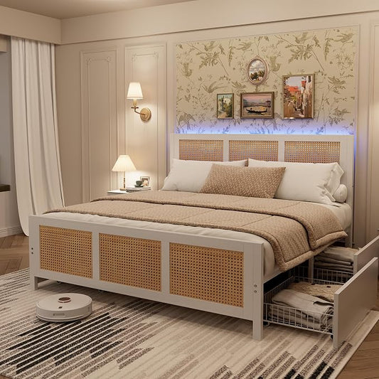 Garvee Rattan Full Bed Frame with LED Headboard (7 Colors), Boho Cane Platform Bed with 4 Large Drawers, Strong Metal Slats Support, Noise Free, No Box Spring Needed, Easy Assembly, White