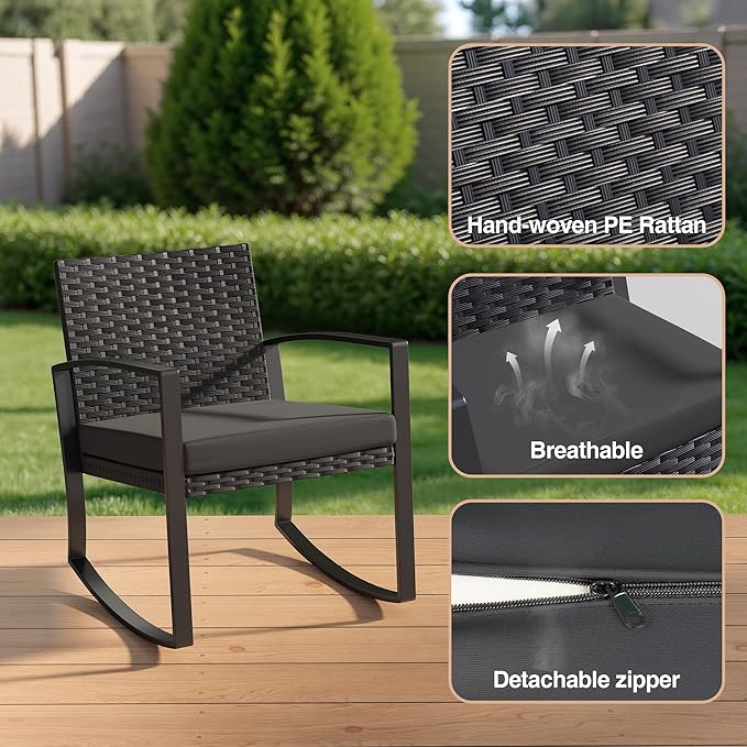 Qsun 3 Pieces Patio Furniture Set Rocking Bistro Set, Outdoor Patio Furniture Set with Coffee Table for Garden Balcony Backyard Poolside (Black Cushion)