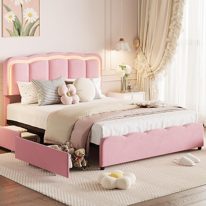 Garvee Full Size Bed Frame with 2 Storage Drawers and LED Lights, Upholstered Platform Full Bed with Adjustable Headboard, Wooden Slats Support, No Box Spring Needed, Easy Assembly, Pink