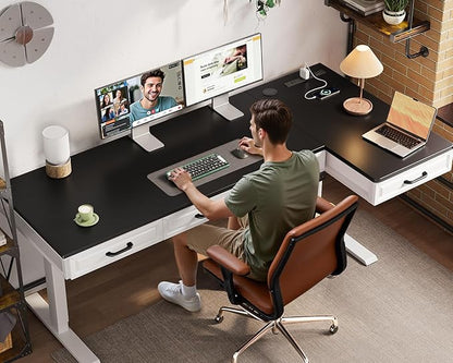 OffiGo L Shaped Electric Standing Desk with Wooden Drawers, 63 Inch Height Adjustable Corner Workstation with Power Outlets, Sit Stand Table for Home, Office, White+Black