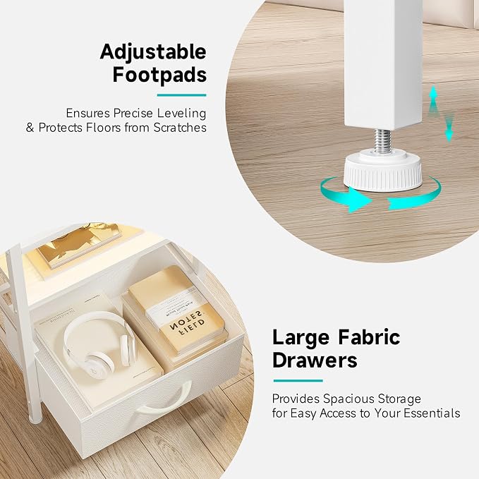 Lazzanto Night Stand Bedside Table Bedroom - White Nightstand with Charging Station & LED Light Strip, Morden Bed Side End Table with Storage Shelf & 2 Fabric Drawers, U-S-B Ports & AC Outlets