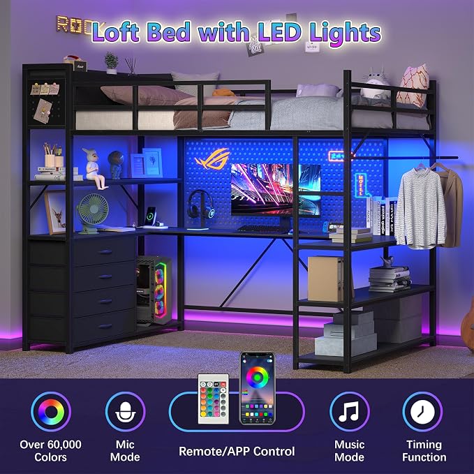 Loft Bed Twin Size with Storage Upholstered Headboard, Black Twin Loft Bed Frame with U-Shaped Desk & LED Lights, Bunk Loft Beds with Power Outlet, Loft Beds with 4 Storage Drawers, Guard & Ladder