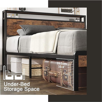 LIKIMIO King Size Bed Frame, Platform Bed with 2-Tier Storage Headboard | Metal Bed Frame, Solid and Stable, Noise Free, No Box Spring Needed, Easy Assembly, Durable, Vintage Brown
