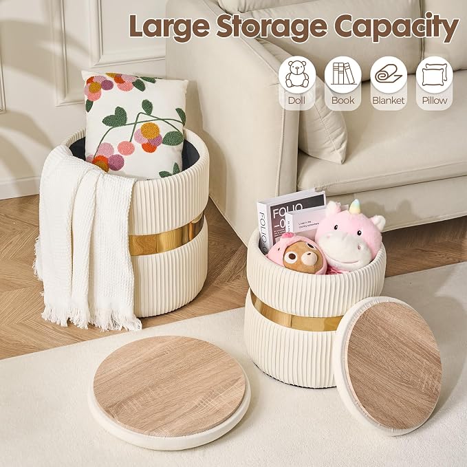 Round Ottoman with Storage Set of 2 Small Ottoman Coffee Table, Foot Stool, Vanity Chair, Removable Lid, for Living Room, Bedroom, Hallway, Assembly Free (White with Middle Gold)