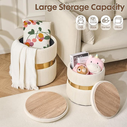 Round Ottoman with Storage Set of 2 Small Ottoman Coffee Table, Foot Stool, Vanity Chair, Removable Lid, for Living Room, Bedroom, Hallway, Assembly Free (White with Middle Gold)