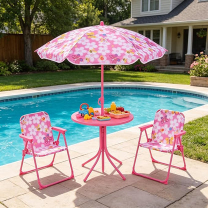 HONEY JOY Kids Picnic Table, Animal Themed Toddler Outdoor Table and Chair Set, 2 Folding Chairs & Removable Umbrella, Children Outdoor Furniture for Backyard Patio Garden (Pink Bee)