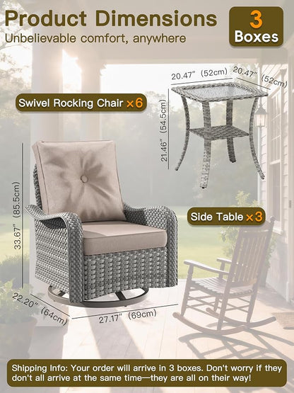 9-Piece Patio Furniture Set, Outdoor Swivel Rocking Chairs with 4" Thick Cushions & Side Table, All-Weather PE Rattan & Rust-Resistant Steel Frame Conversation Set for Porch, Garden, Backyard, Beige