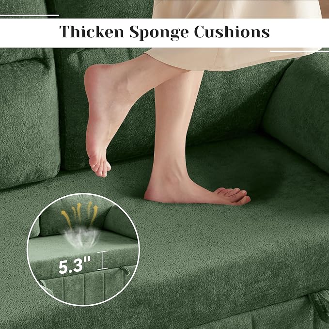 Tbfit 80'' Sleeper Sofa Bed, 3 in 1 Cloud Pull Out Sofa Couch with USB & Storage Chaise, Chenille Convertible Sofa Bed with Pull Out Bed, Couches for Living Room, Apartment, Office, Green