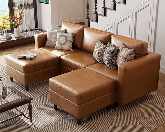 ABCASA Brown Leather Oversized Modular Sectional Sofa with Ottoman, 5 Seater U Shaped Couch with Storage Seat, Comfy Pet-Friendly Faux Leather Couches for Living Room,Apartment,Brown
