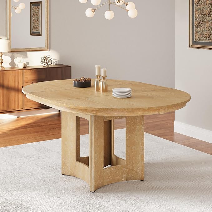 LUMISOL Round Dining Table for 4-6 People, 41"-57" Extendable Kitchen Table with 16" Removable Leaf for Small Places, Kitchen, Dining Room, Natural
