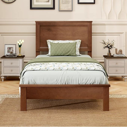 GOFLAME Twin Size Wood Bed Frame, Mid-Century Modern Platform Bed with Headboard, Solid Wood Legs, Mattress Foundation with 12 Wooden Slats, No Box Spring Needed, Walnut