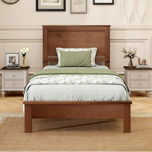 GOFLAME Twin Size Wood Bed Frame, Mid-Century Modern Platform Bed with Headboard, Solid Wood Legs, Mattress Foundation with 12 Wooden Slats, No Box Spring Needed, Walnut